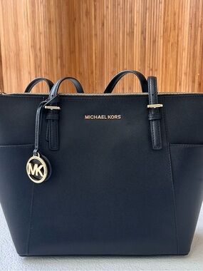 Michael Kors Black Saffiano Leather Structured Tote with Gold Hardware